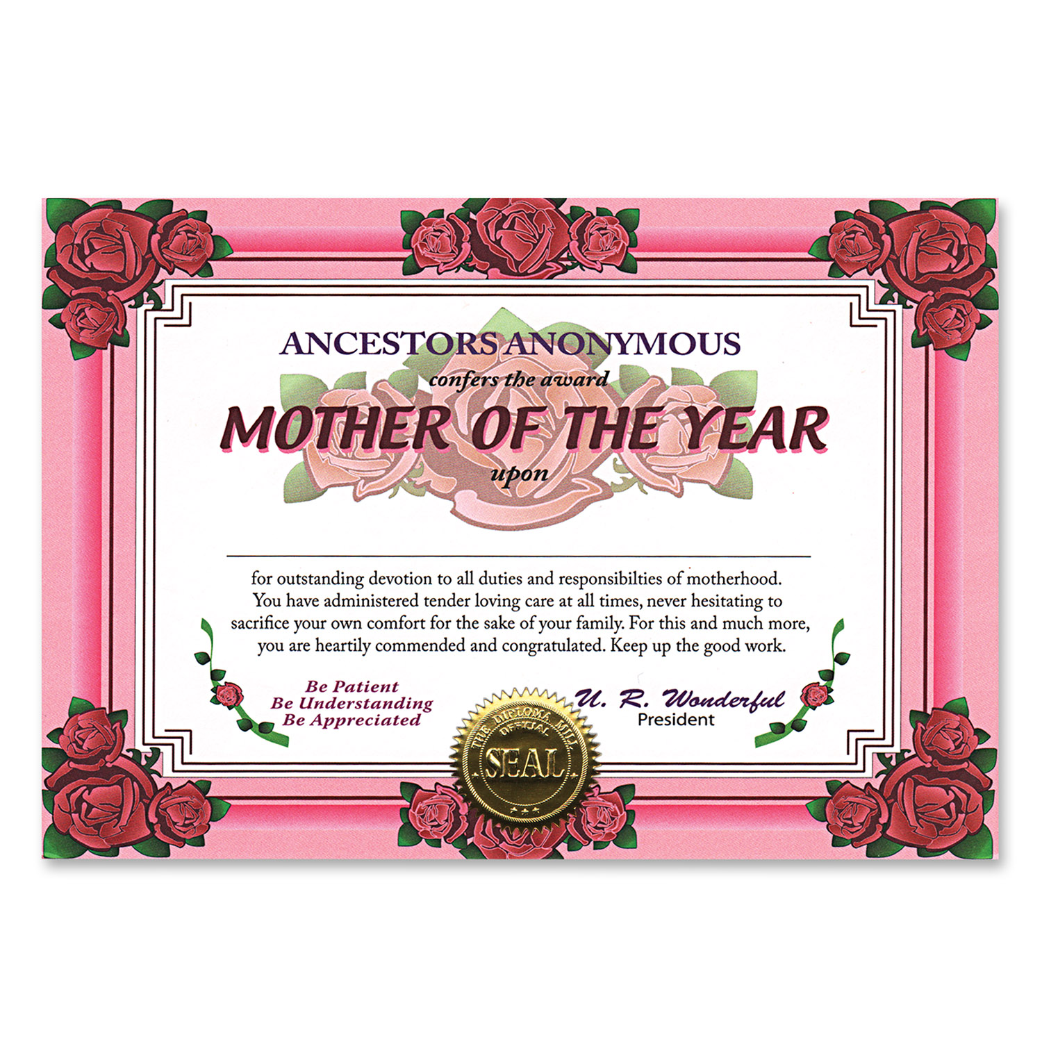 MOTHER Of The Year Certificate