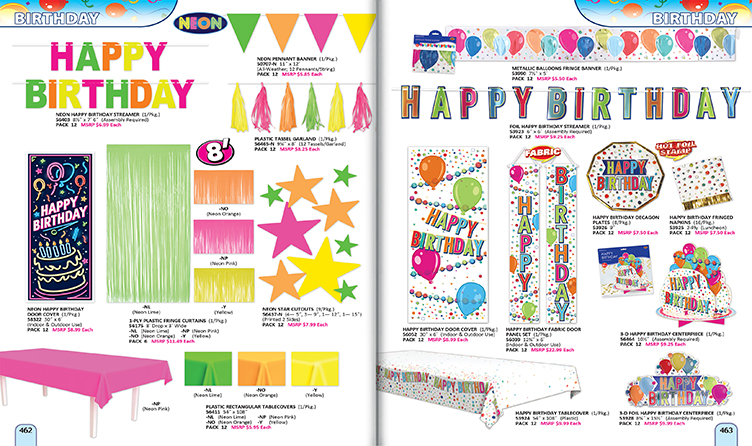 Catalog pages highlighting products such as iridescent decorations, inflatable palm trees, treasure chests and flamingos